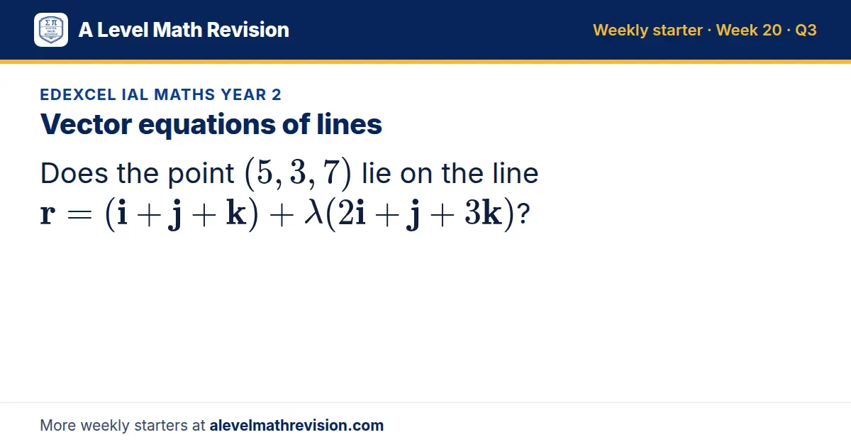 Edexcel IAL Maths Year 2 starter question on Vector equations of lines: Does the point (5, 3, 7) lie on the line r = (i + j + k) + λ(2i + j + 3k)?