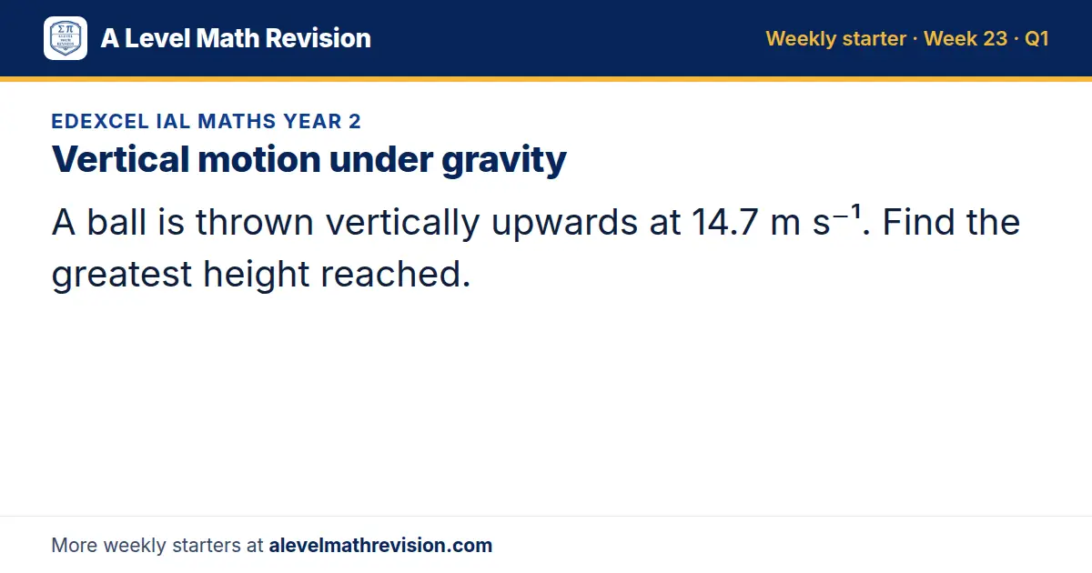 Edexcel IAL Maths Year 2 starter question on Vertical motion under gravity: A ball is thrown vertically upwards at 14.7 m s⁻¹. Find the greatest height reached.
