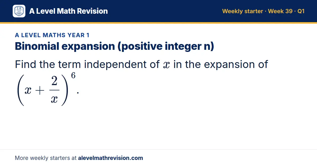 A Level Maths Year 1 starter question on Binomial expansion (positive integer n): Find the term independent of x in the expansion of (x + 2/x)^6.