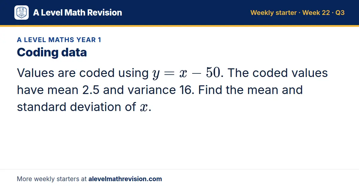 A Level Maths Year 1 starter question on Coding data: Values are coded using y = x - 50. The coded values have mean 2.5 and variance 16. Find the mean and standard deviation of x.