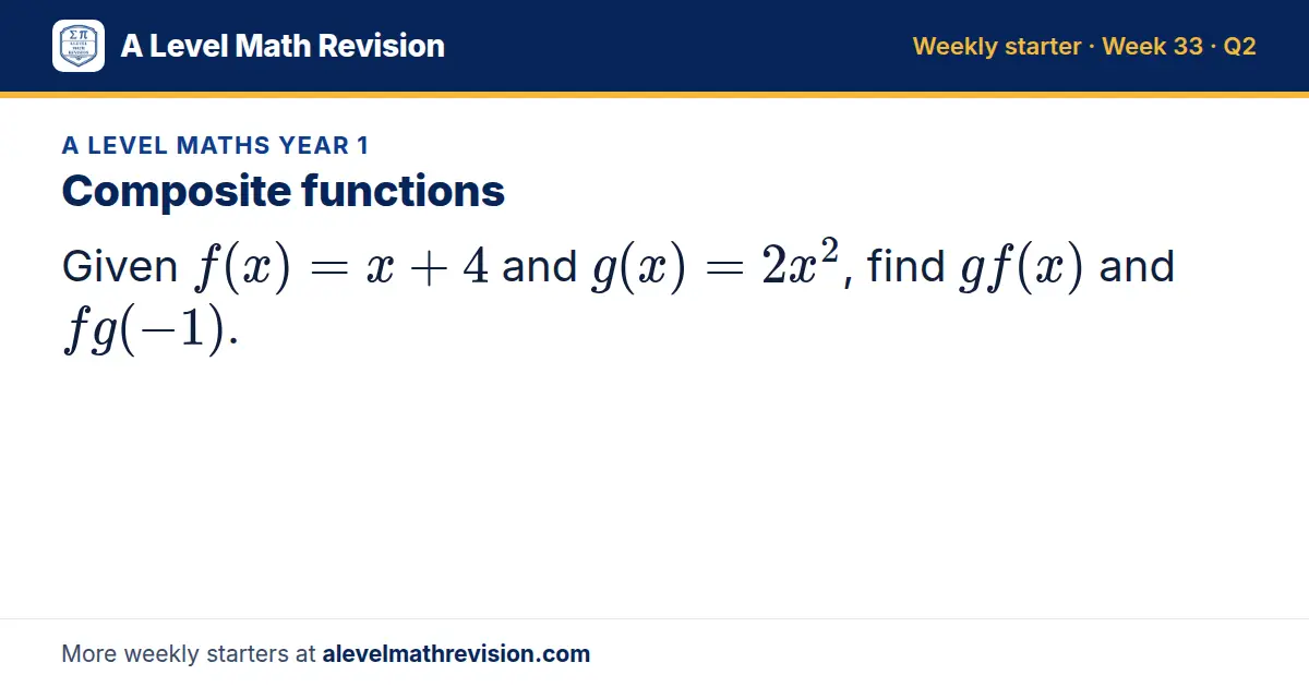 A Level Maths Year 1 starter question on Composite functions: Given f(x) = x + 4 and g(x) = 2x², find gf(x) and fg(-1).