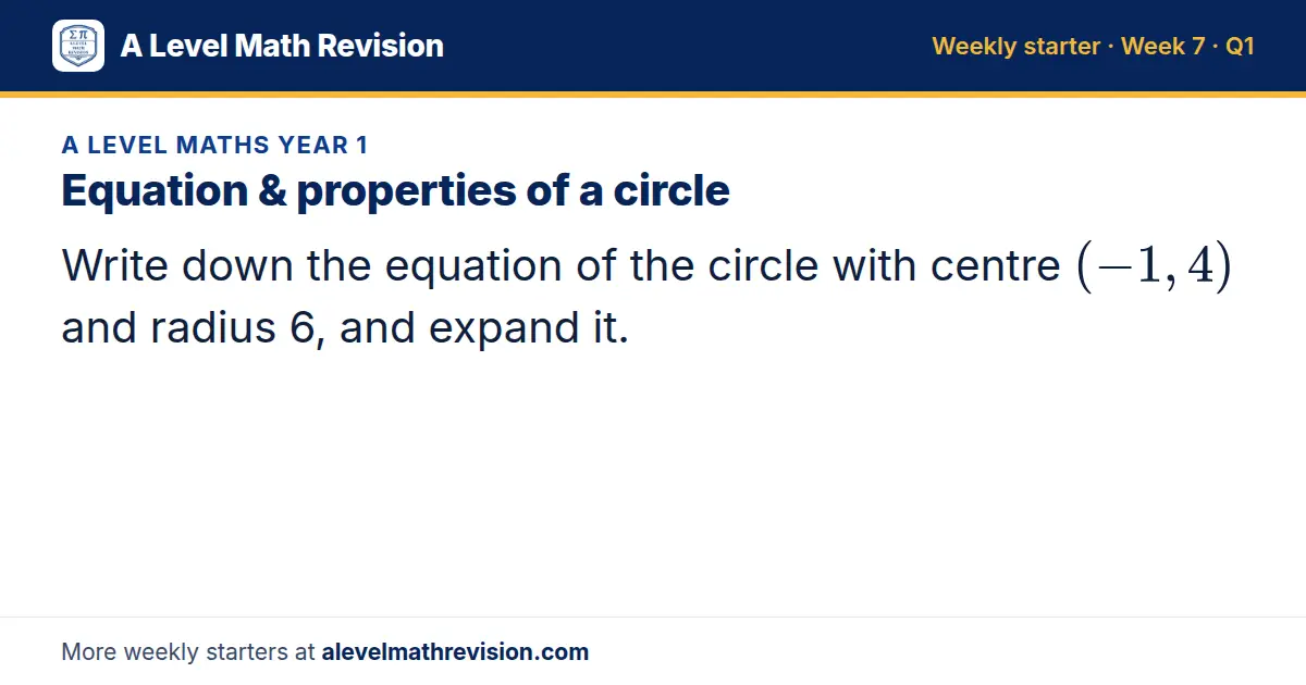 A Level Maths Year 1 starter question on Equation & properties of a circle: Write down the equation of the circle with centre (-1, 4) and radius 6, and expand it.