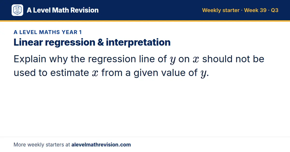 A Level Maths Year 1 starter question on Linear regression & interpretation: Explain why the regression line of y on x should not be used to estimate x from a given value of y.