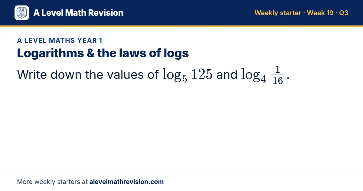 A Level Maths Year 1 starter question on Logarithms & the laws of logs: Write down the values of log_5 125 and log_4 1/16.