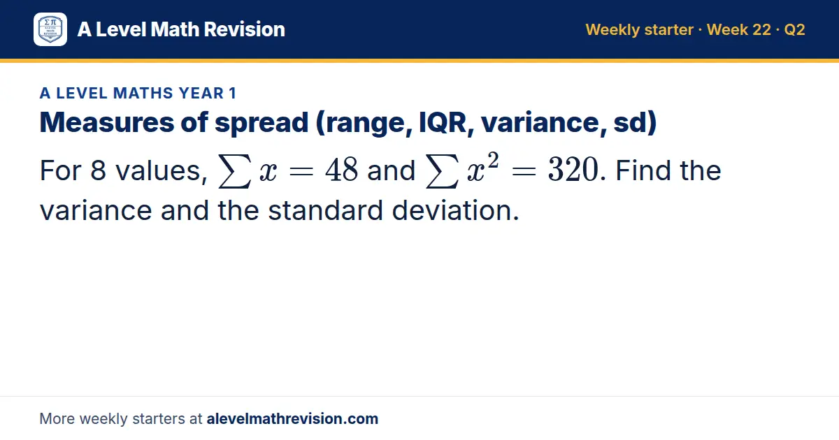 A Level Maths Year 1 starter question on Measures of spread (range, IQR, variance, sd): For 8 values, Σ x = 48 and Σ x² = 320. Find the variance and the standard deviation.