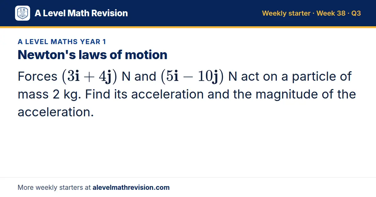 A Level Maths Year 1 starter question on Newton's laws of motion: Forces (3i + 4j) N and (5i - 10j) N act on a particle of mass 2 kg. Find its acceleration and the magnitude of the acceleration.