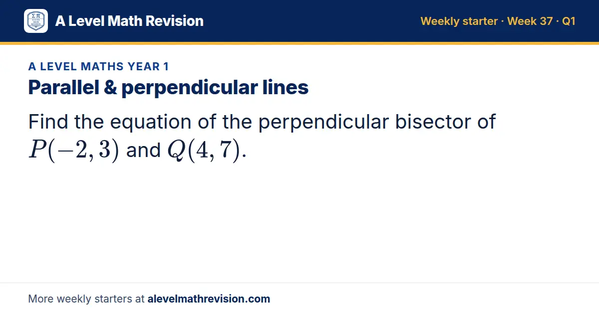 A Level Maths Year 1 starter question on Parallel & perpendicular lines: Find the equation of the perpendicular bisector of P(-2, 3) and Q(4, 7).