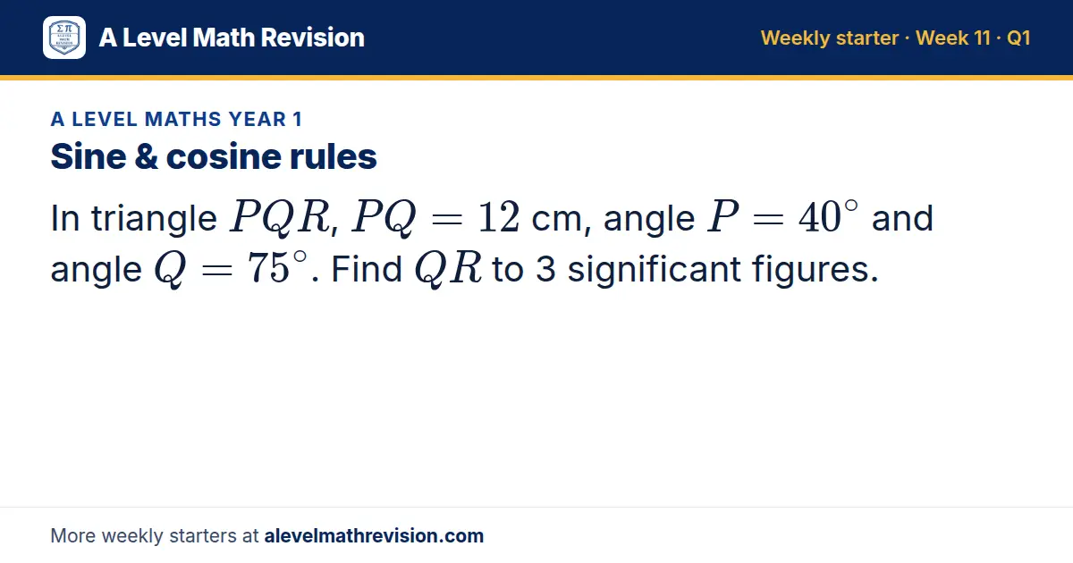 A Level Maths Year 1 starter question on Sine & cosine rules: In triangle PQR, PQ = 12 cm, angle P = 40^∘ and angle Q = 75^∘. Find QR to 3 significant figures.