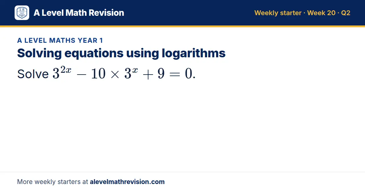 A Level Maths Year 1 starter question on Solving equations using logarithms: Solve 3^(2x) - 10 × 3^x + 9 = 0.
