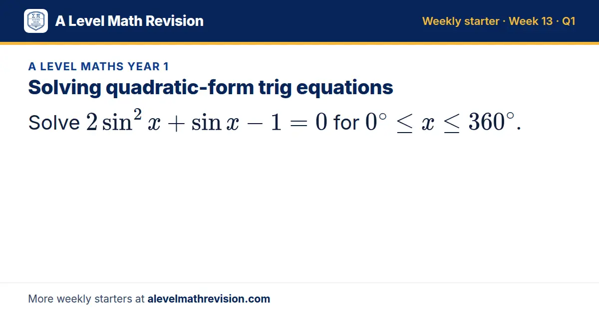 A Level Maths Year 1 starter question on Solving quadratic-form trig equations: Solve 2sin² x + sin x - 1 = 0 for 0^∘ ≤ x ≤ 360^∘.