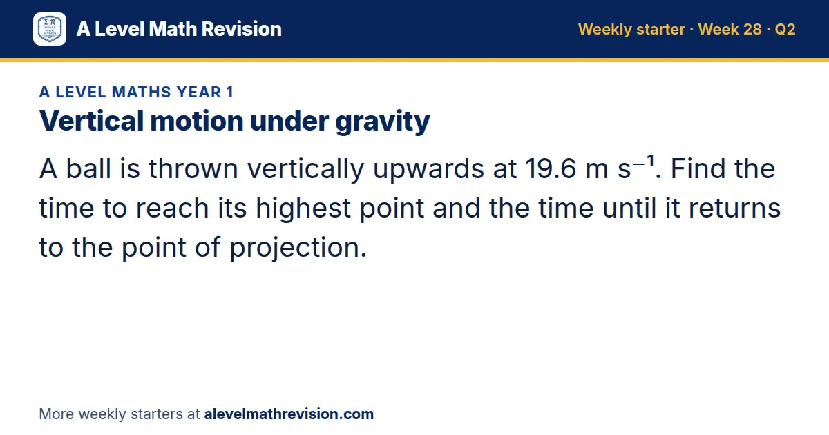 A Level Maths Year 1 starter question on Vertical motion under gravity: A ball is thrown vertically upwards at 19.6 m s⁻¹. Find the time to reach its highest point and the time until it returns to the point of projection.