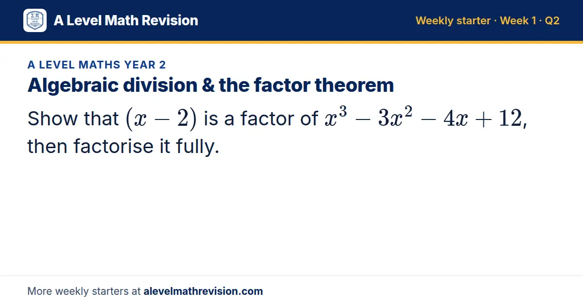 A Level Maths Year 2 starter question on Algebraic division & the factor theorem: Show that (x - 2) is a factor of x³ - 3x² - 4x + 12, then factorise it fully.
