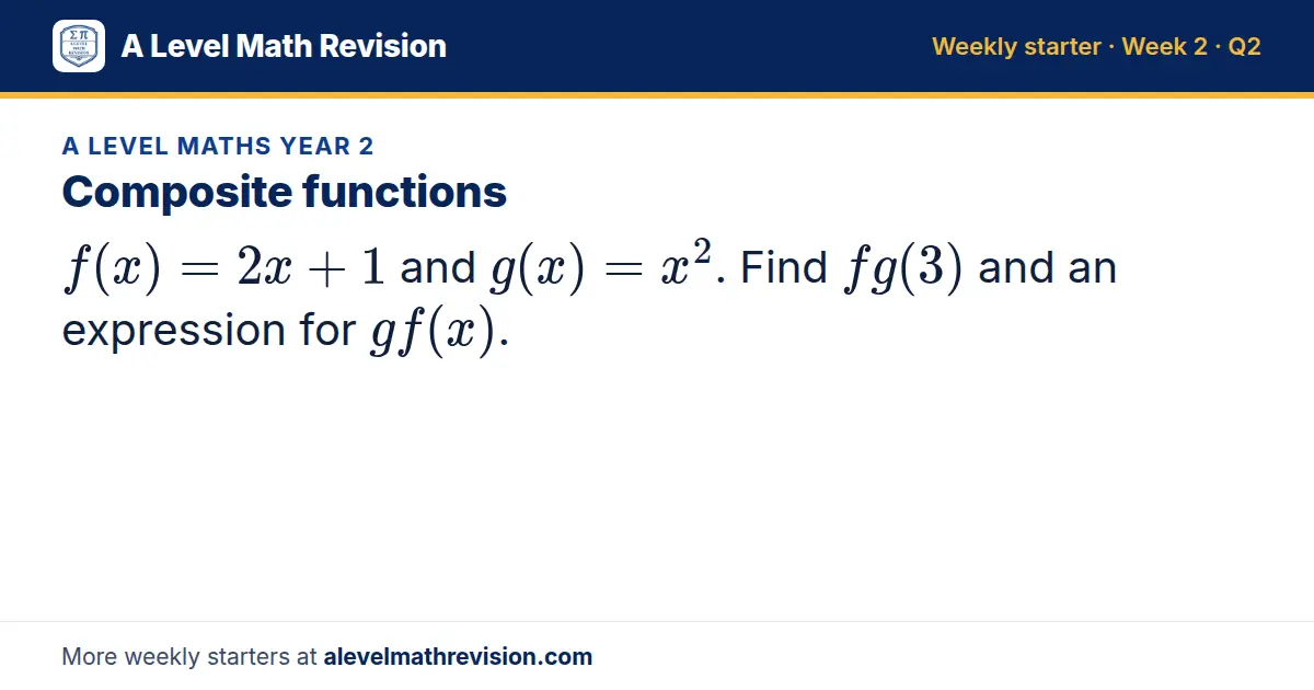 A Level Maths Year 2 starter question on Composite functions: f(x) = 2x + 1 and g(x) = x^2. Find fg(3) and an expression for gf(x).