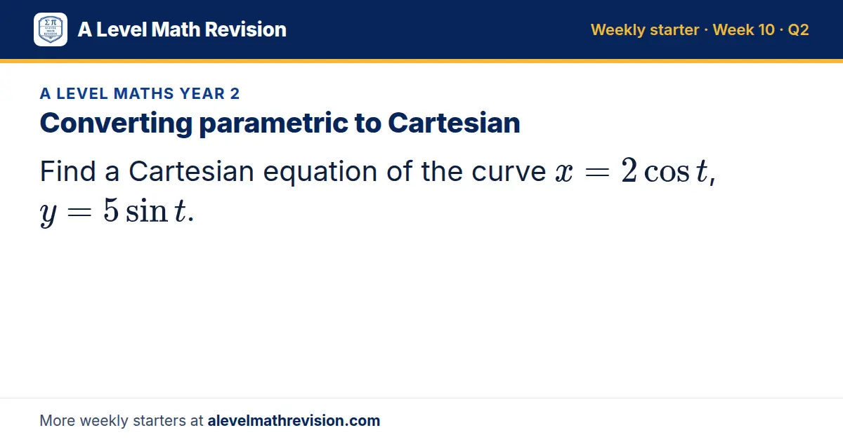 A Level Maths Year 2 starter question on Converting parametric to Cartesian: Find a Cartesian equation of the curve x = 2cos t, y = 5sin t.