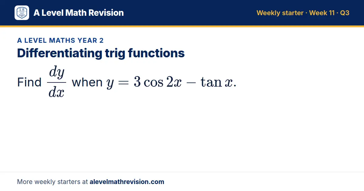 A Level Maths Year 2 starter question on Differentiating trig functions: Find dy/dx when y = 3cos 2x - tan x.