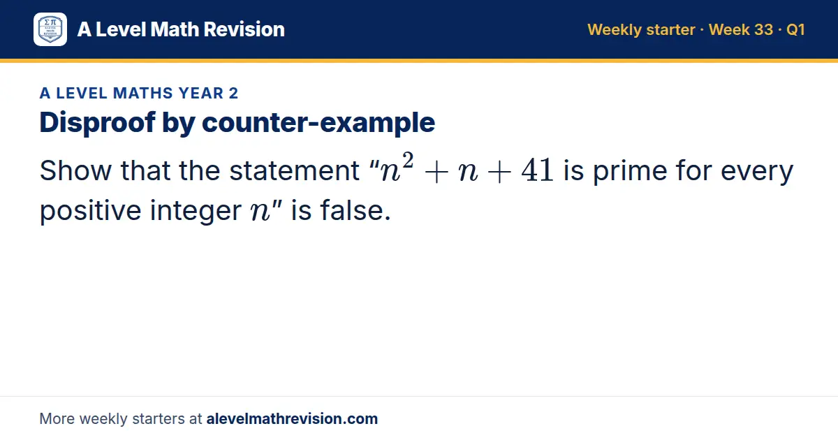 A Level Maths Year 2 starter question on Disproof by counter-example: Show that the statement “n² + n + 41 is prime for every positive integer n” is false.