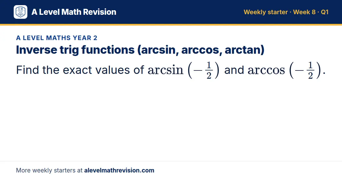 A Level Maths Year 2 starter question on Inverse trig functions (arcsin, arccos, arctan): Find the exact values of arcsin(-1/2) and arccos(-1/2).