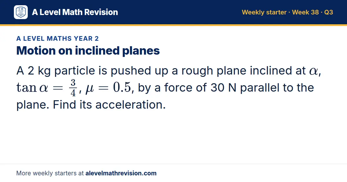 A Level Maths Year 2 starter question on Motion on inclined planes: A 2 kg particle is pushed up a rough plane inclined at α, tanα = 3/4, μ = 0.5, by a force of 30 N parallel to the plane. Find its acceleration.