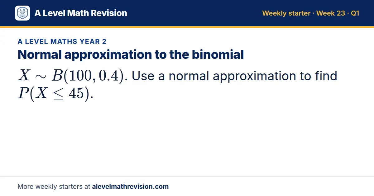 A Level Maths Year 2 starter question on Normal approximation to the binomial: X B(100, 0.4). Use a normal approximation to find P(X ≤ 45).