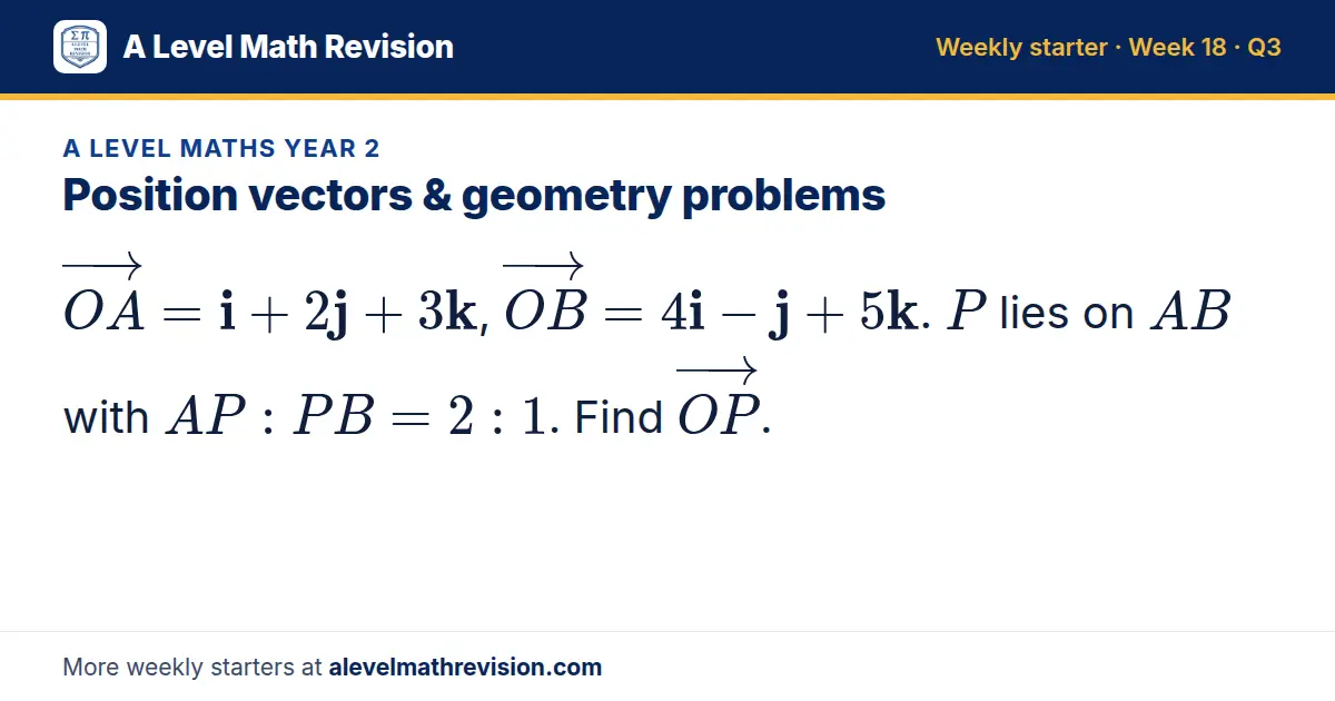 A Level Maths Year 2 starter question on Position vectors & geometry problems: OA = i + 2j + 3k, OB = 4i - j + 5k. P lies on AB with AP: PB = 2: 1. Find OP.