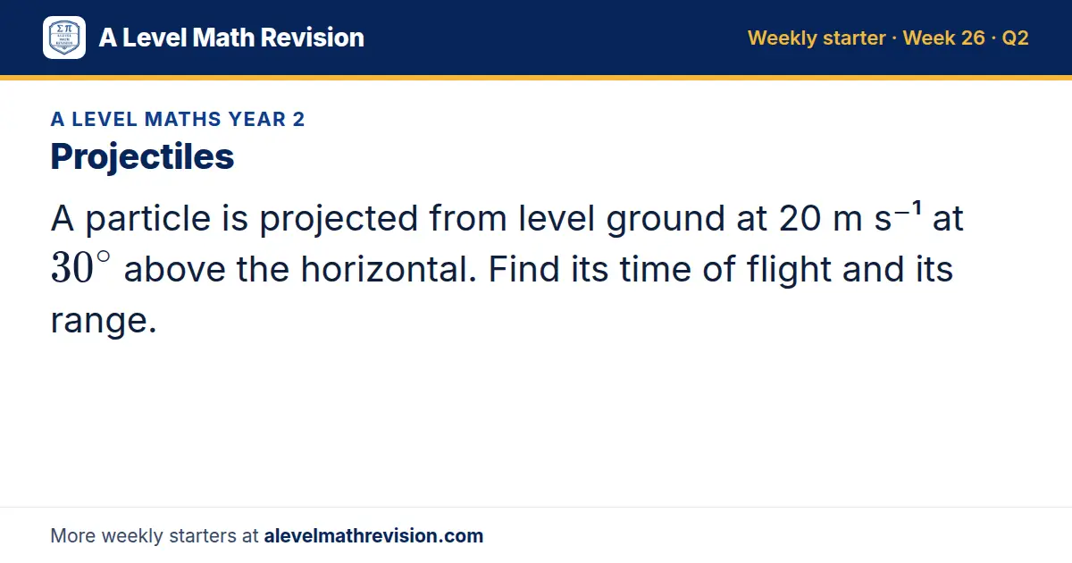 A Level Maths Year 2 starter question on Projectiles: A particle is projected from level ground at 20 m s⁻¹ at 30^∘ above the horizontal. Find its time of flight and its range.
