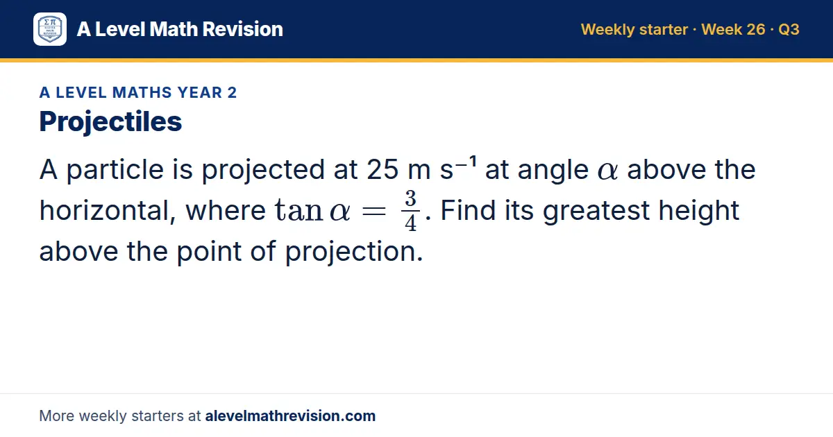 A Level Maths Year 2 starter question on Projectiles: A particle is projected at 25 m s⁻¹ at angle α above the horizontal, where tanα = 3/4. Find its greatest height above the point of projection.