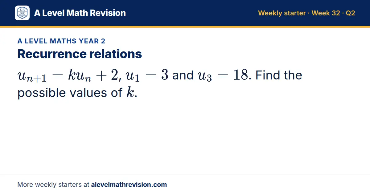 A Level Maths Year 2 starter question on Recurrence relations: u_n+1 = k u_n + 2, u_1 = 3 and u_3 = 18. Find the possible values of k.