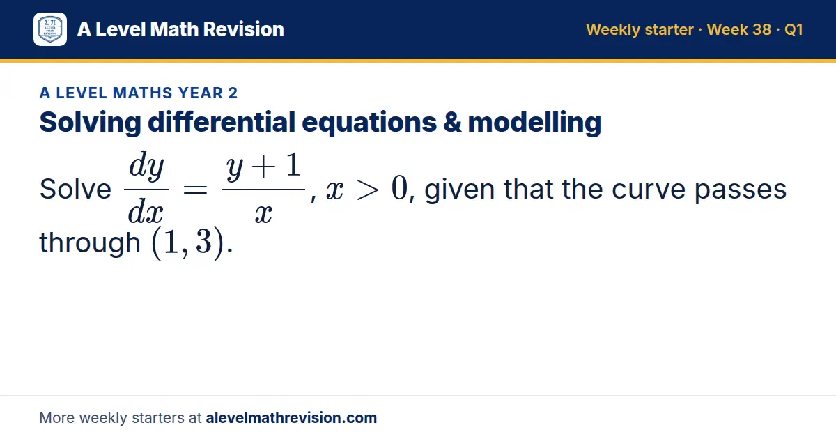 A Level Maths Year 2 starter question on Solving differential equations & modelling: Solve dy/dx = (y + 1)/x, x > 0, given that the curve passes through (1, 3).