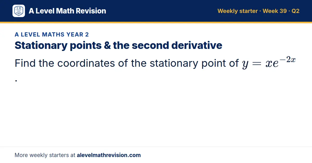 A Level Maths Year 2 starter question on Stationary points & the second derivative: Find the coordinates of the stationary point of y = xe^(-2x).