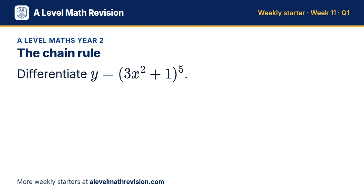 A Level Maths Year 2 starter question on The chain rule: Differentiate y = (3x² + 1)^5.