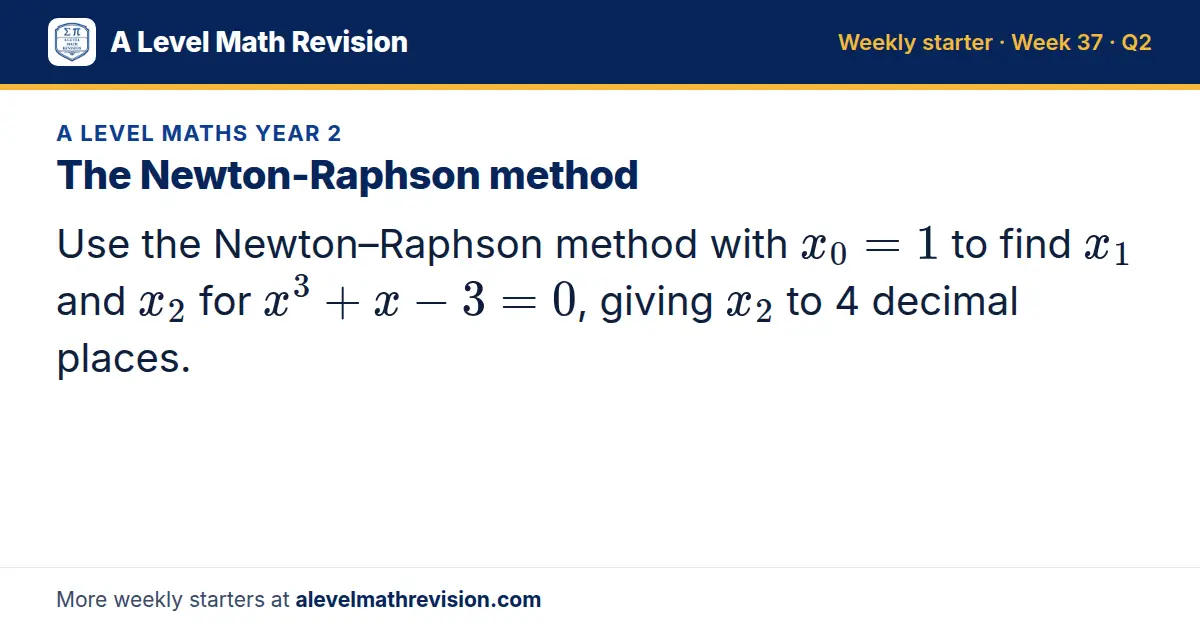 A Level Maths Year 2 starter question on The Newton-Raphson method: Use the Newton–Raphson method with x_0 = 1 to find x_1 and x_2 for x³ + x - 3 = 0, giving x_2 to 4 decimal places.