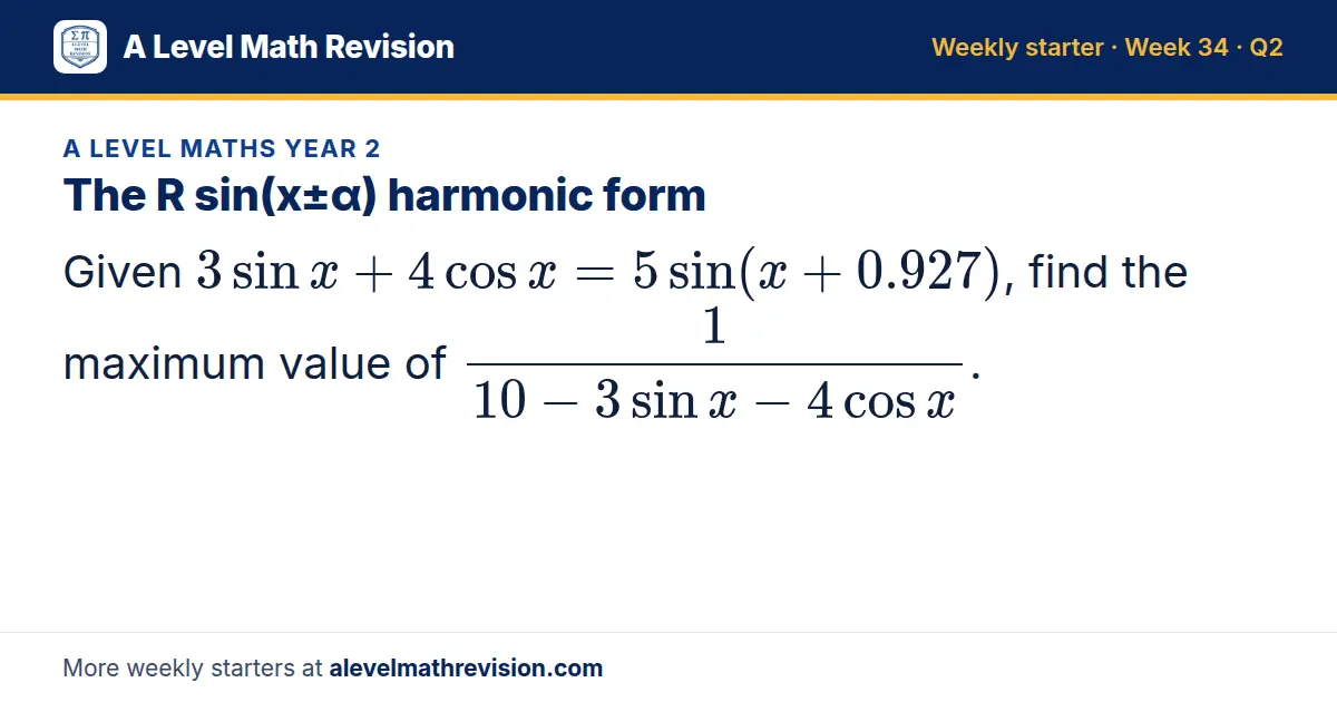 A Level Maths Year 2 starter question on The R sin(x±α) harmonic form: Given 3sin x + 4cos x = 5sin(x + 0.927), find the maximum value of 1/(10 - 3sin x - 4cos x).