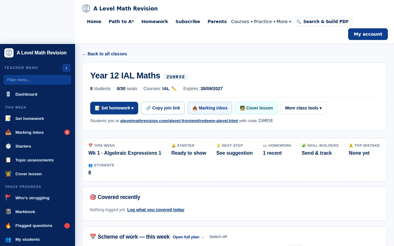 A Level Maths teacher class page for a demo class