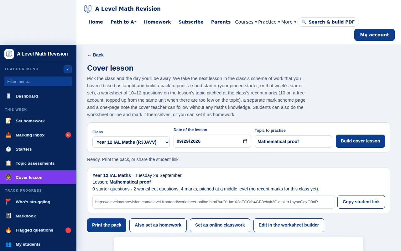 A Level Maths cover lesson builder with a ready pack for a demo class