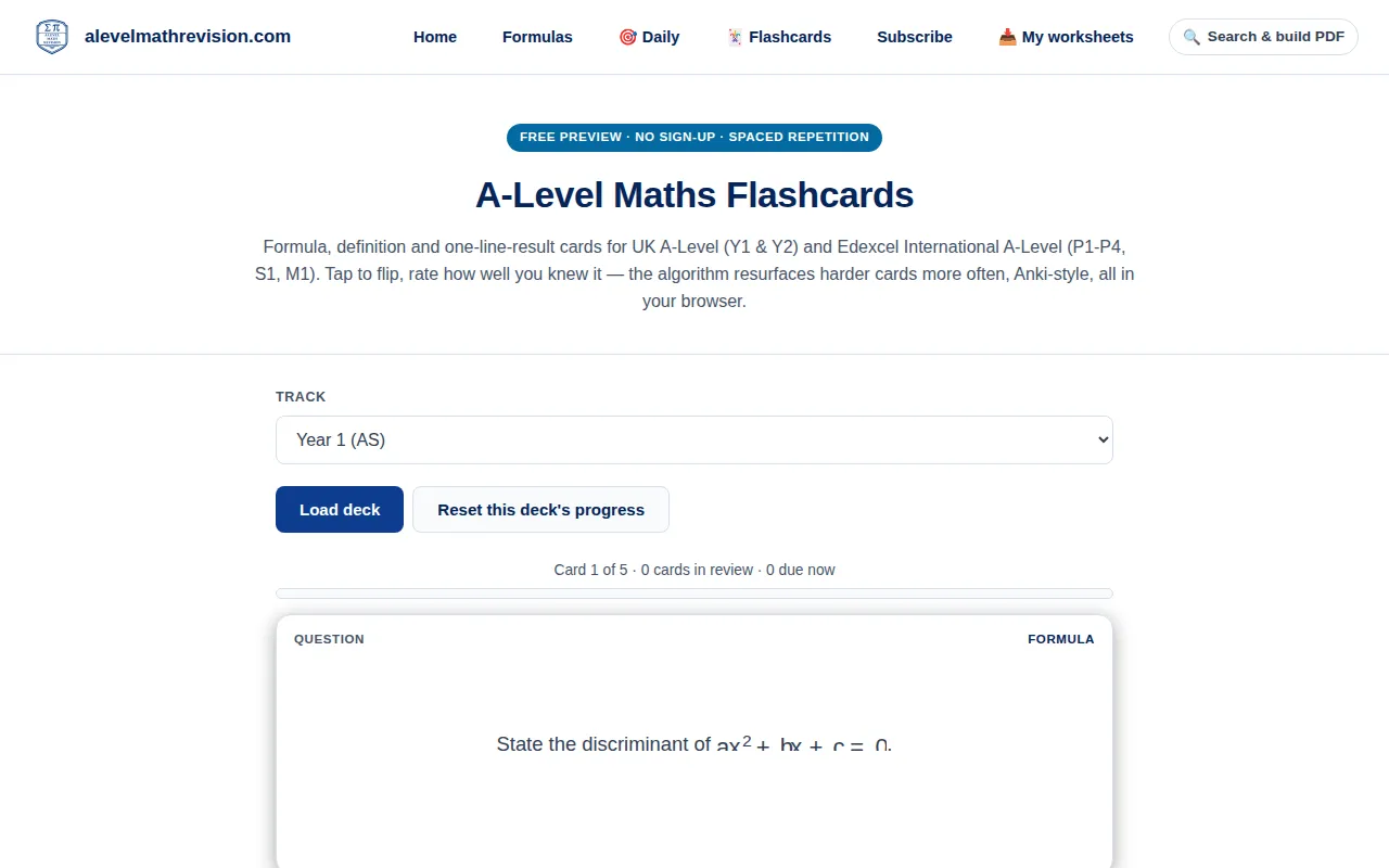 A Level Maths flashcards deck with a card showing a question