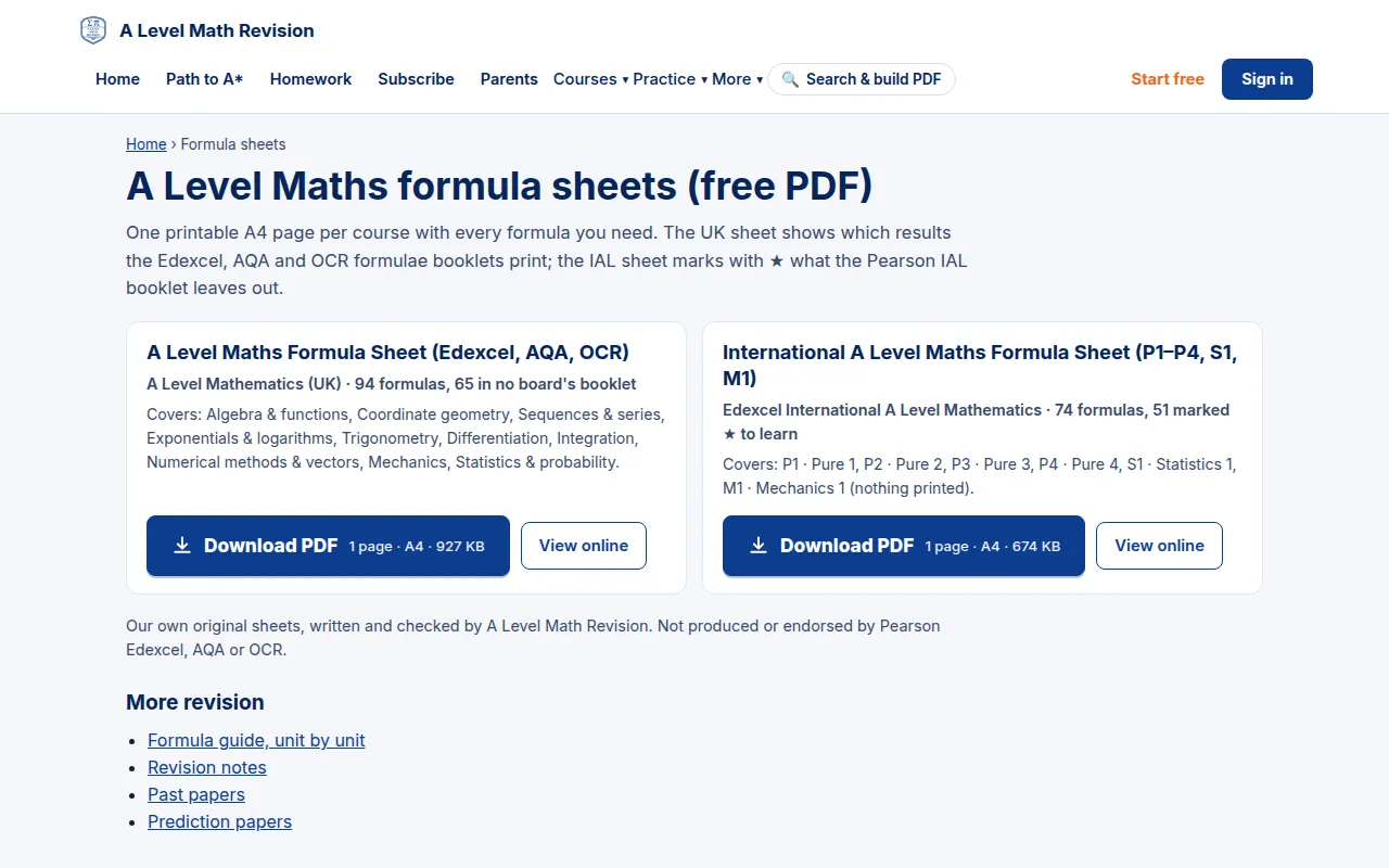 A Level Maths formula sheets page with PDF downloads