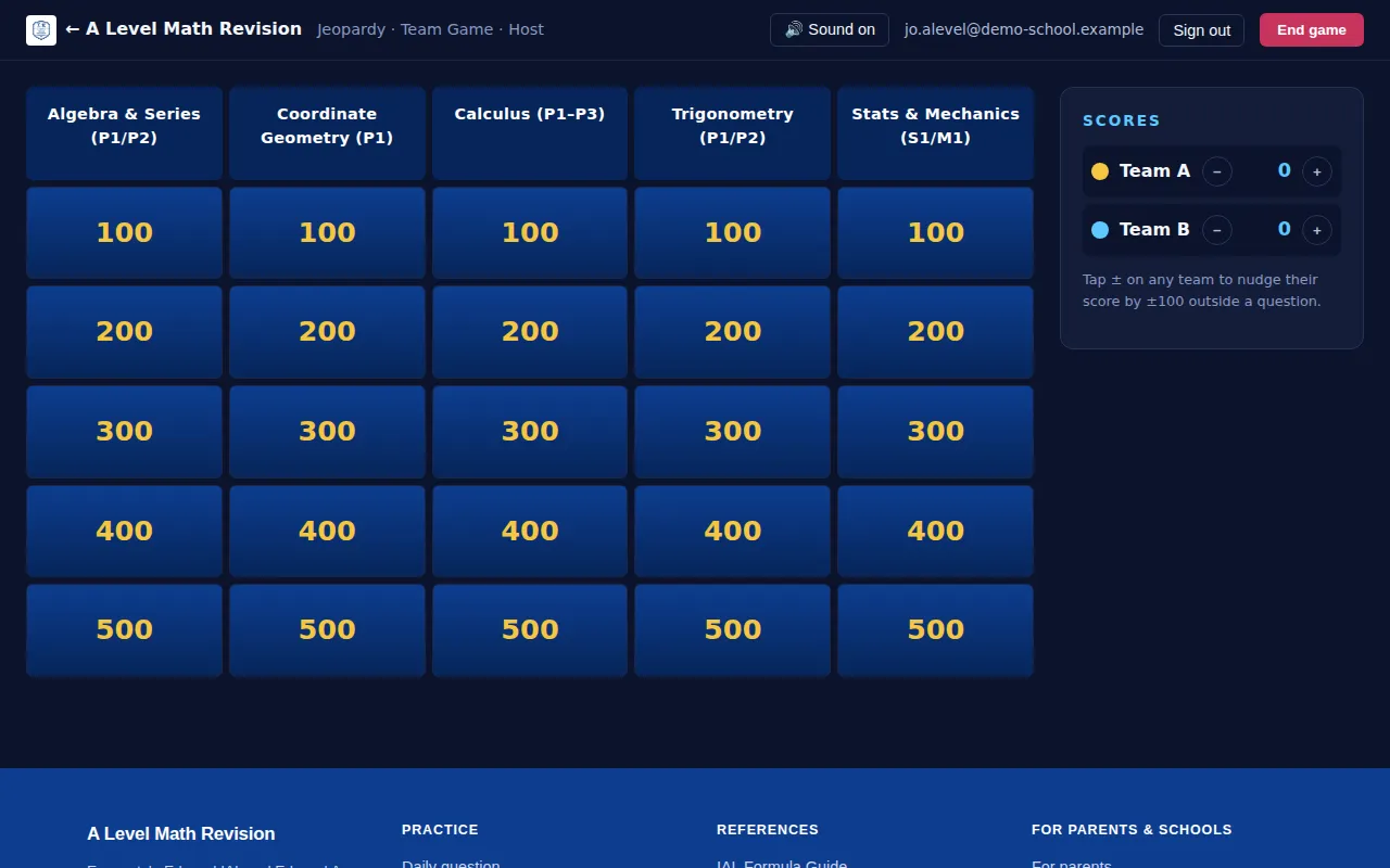 A Level Maths Jeopardy board with five categories