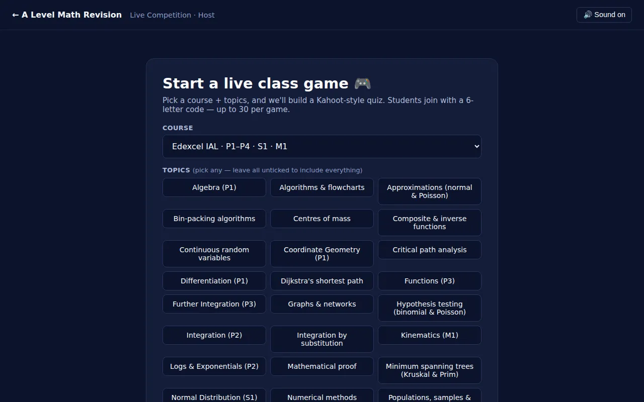 A Level Maths live class game set-up: choosing a course and topics