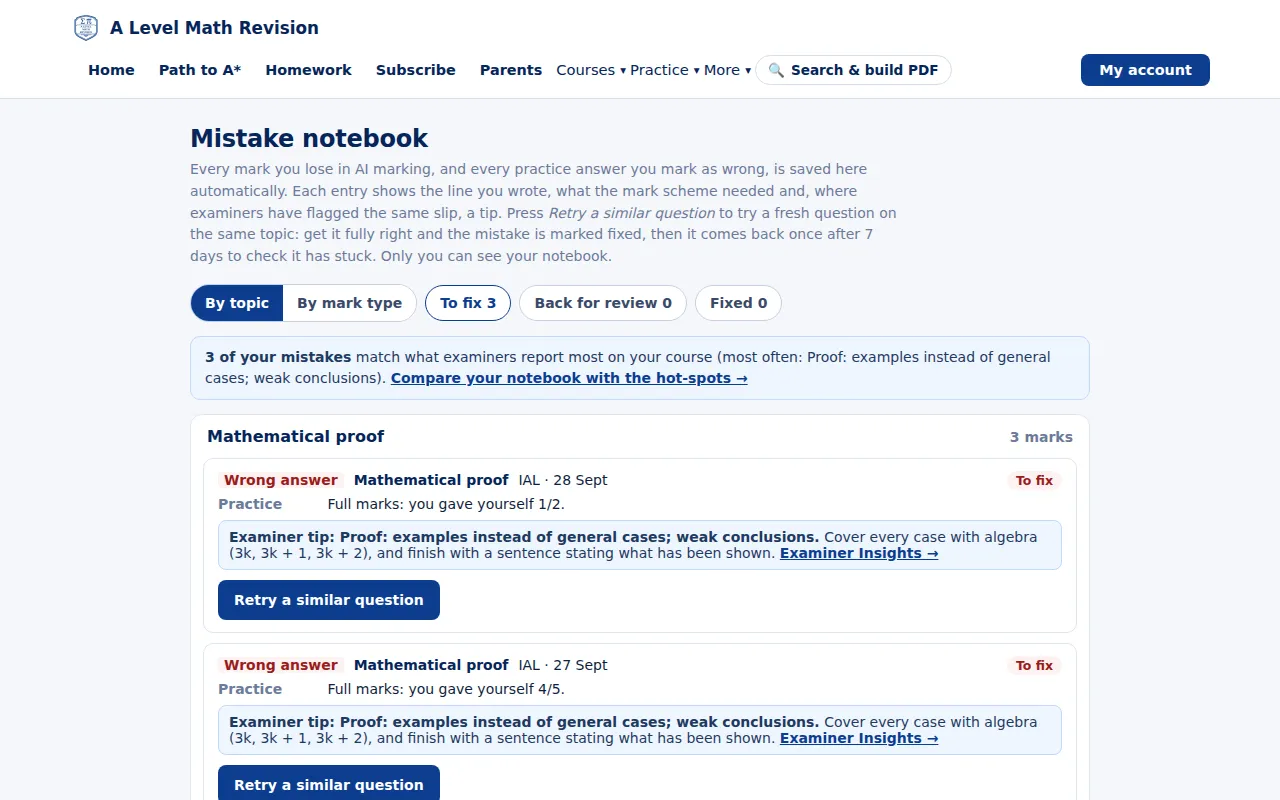 A Level Maths mistake notebook listing lost marks by topic with an examiner tip and a retry button