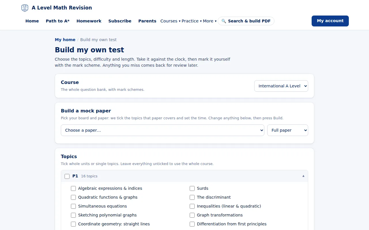 A Level Maths test builder: choosing topics, difficulty and length for a timed test