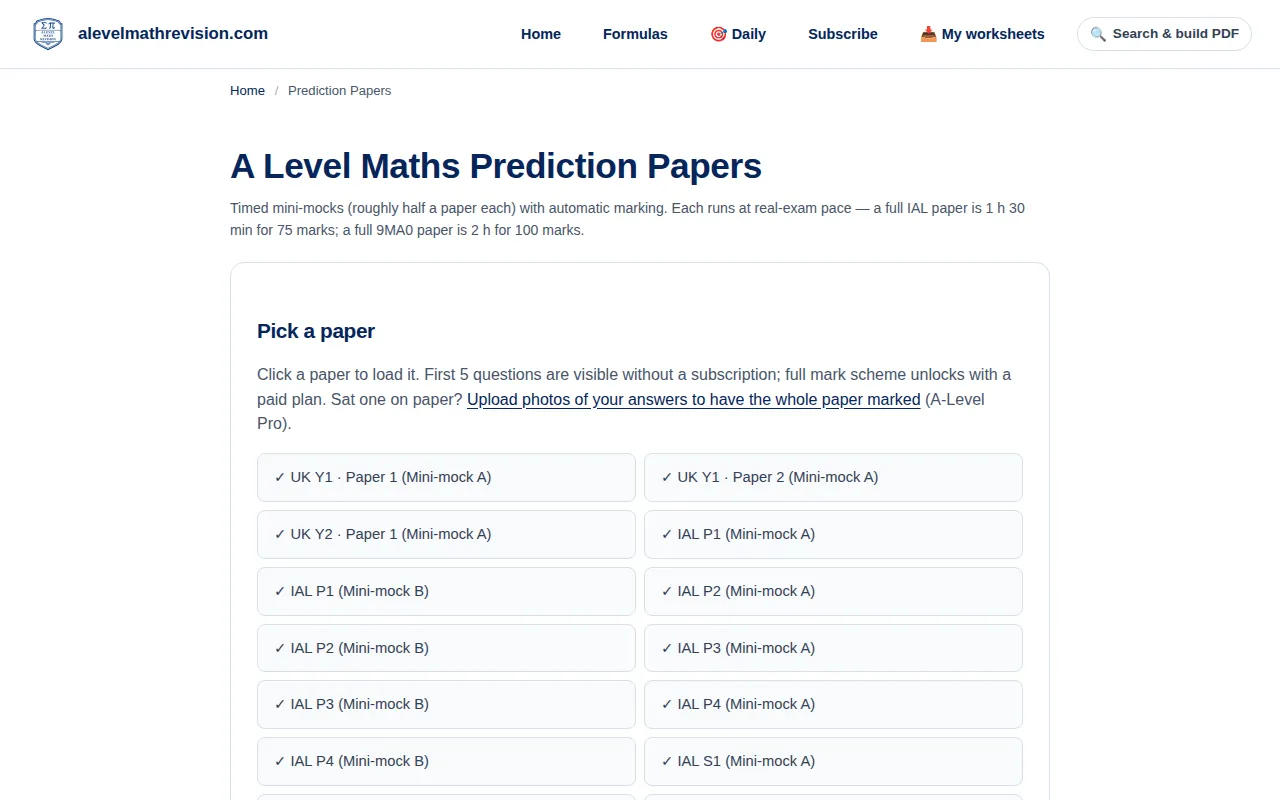 A Level Maths prediction papers page
