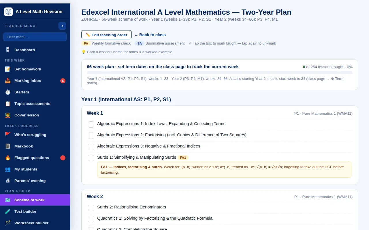 A Level Maths scheme of work, week by week