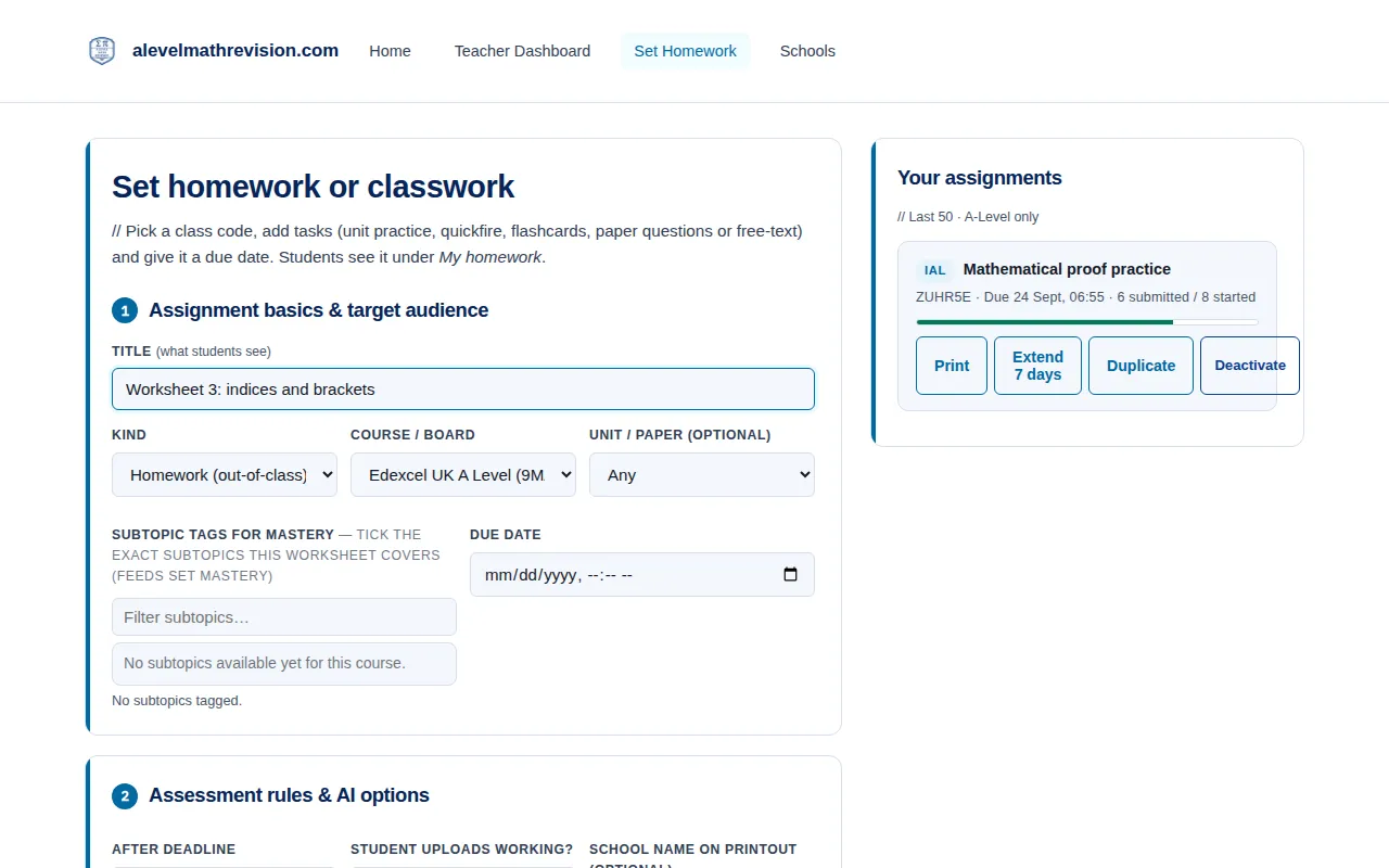 A Level Maths set homework page adding your own PDF worksheet as a task