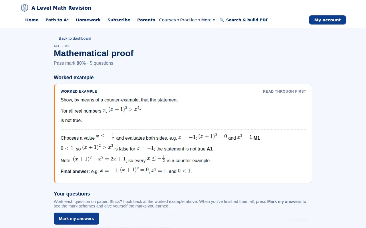 A Level Maths Skill Builder: a worked example followed by practice questions on one topic