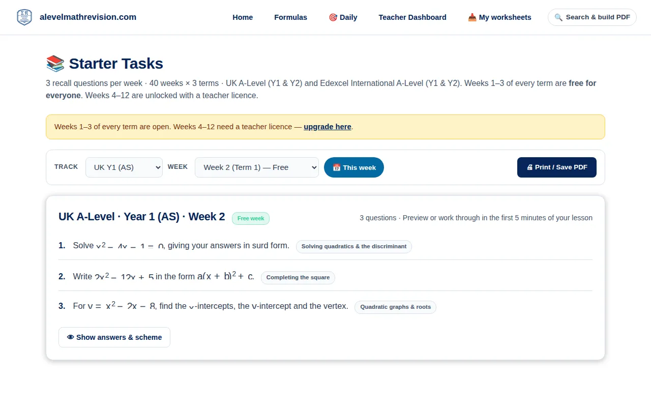 A Level Maths weekly starter questions for a class