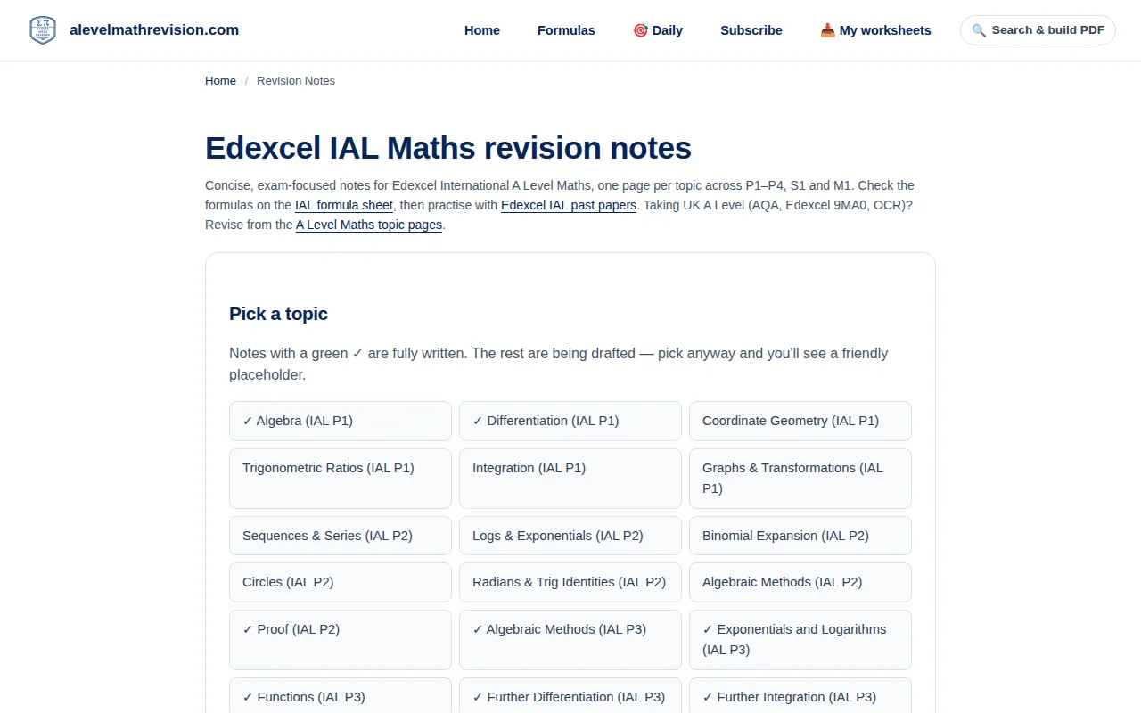 A Level Maths revision notes page with units and a worked example