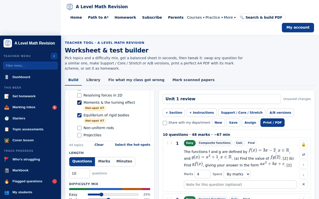 A Level Maths worksheet builder with a generated sheet of questions