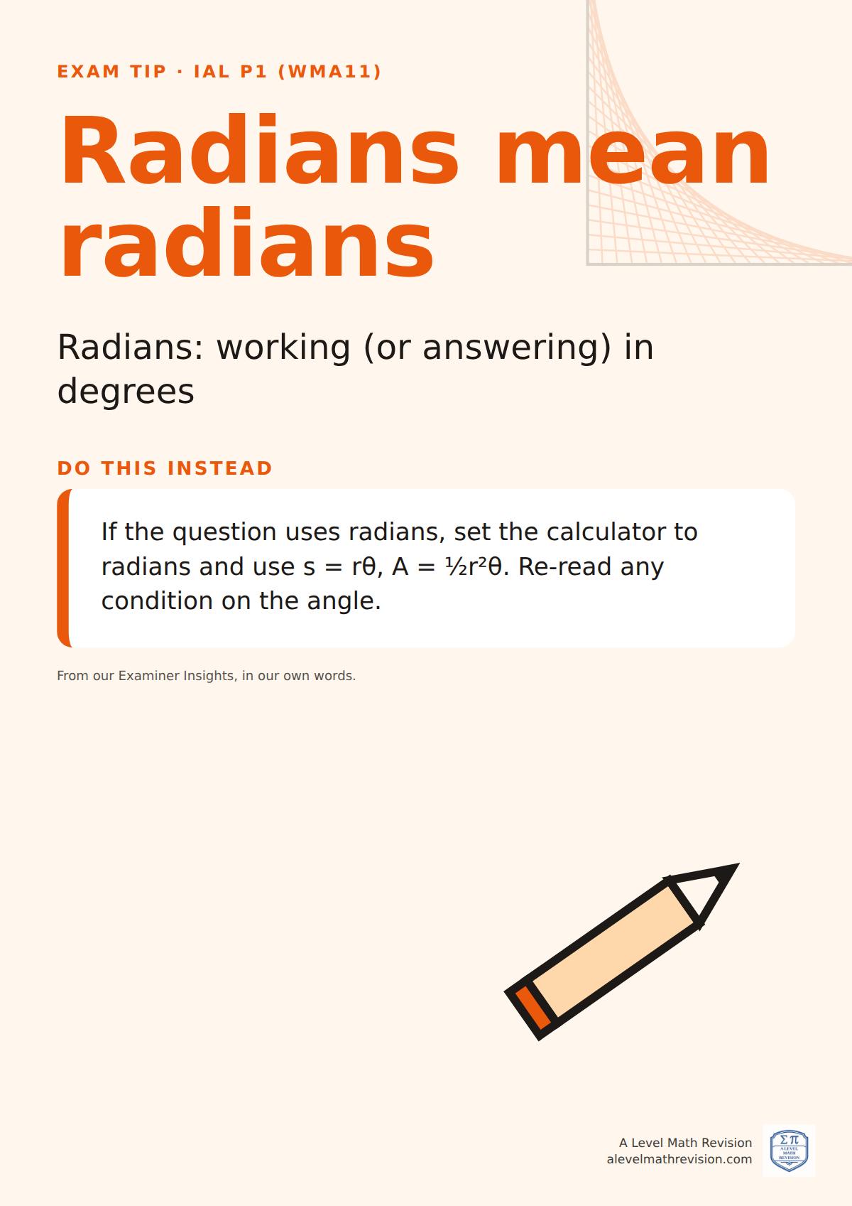 Exam technique poster for IAL P1 (WMA11): Radians mean radians. If the question uses radians, set the calculator to radians and use s = rθ, A = ½r²θ. Re-read any condition on the angle.