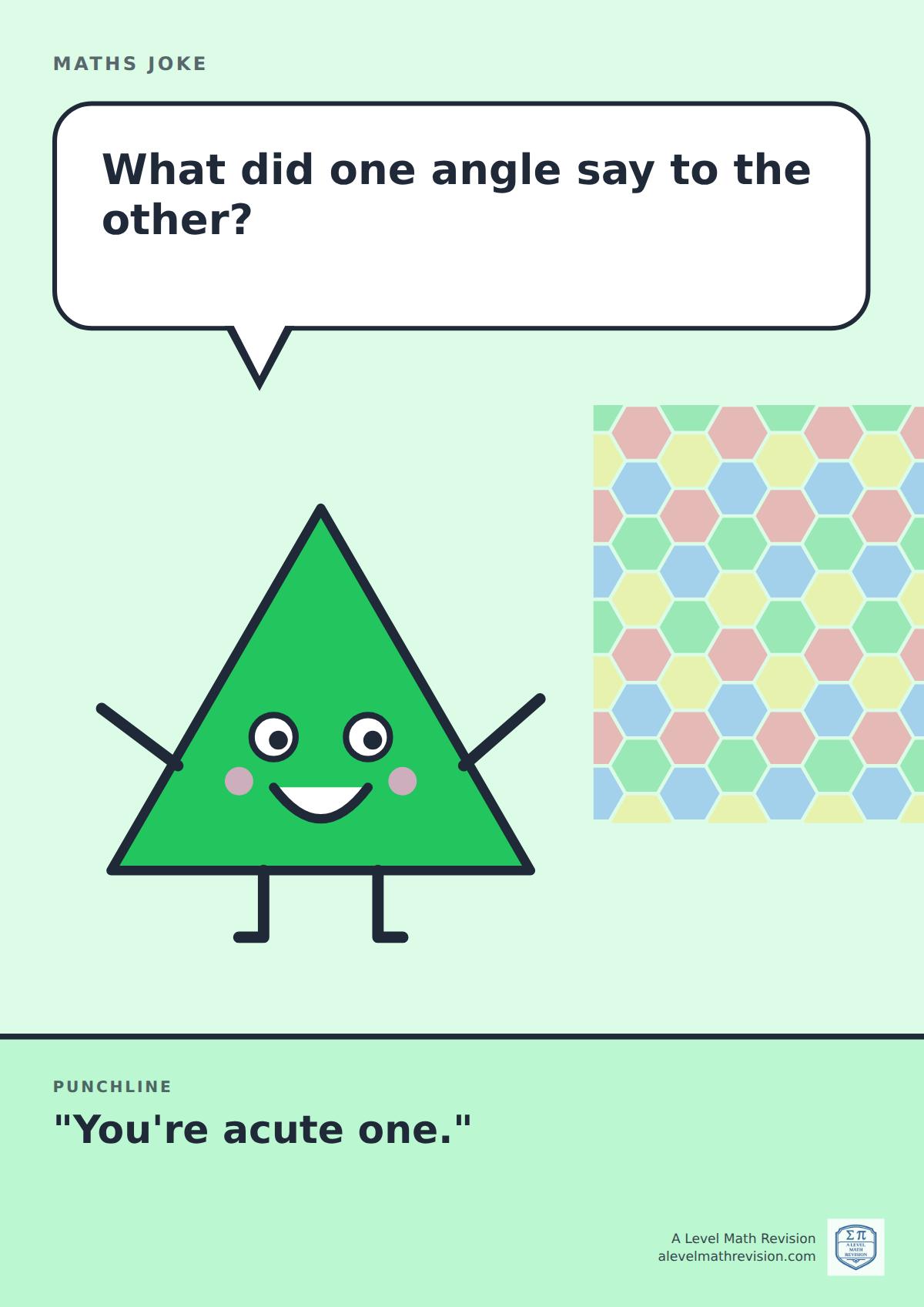 Cartoon maths joke poster. A smiling triangle asks: "What did one angle say to the other?" Punchline: "You're acute one."