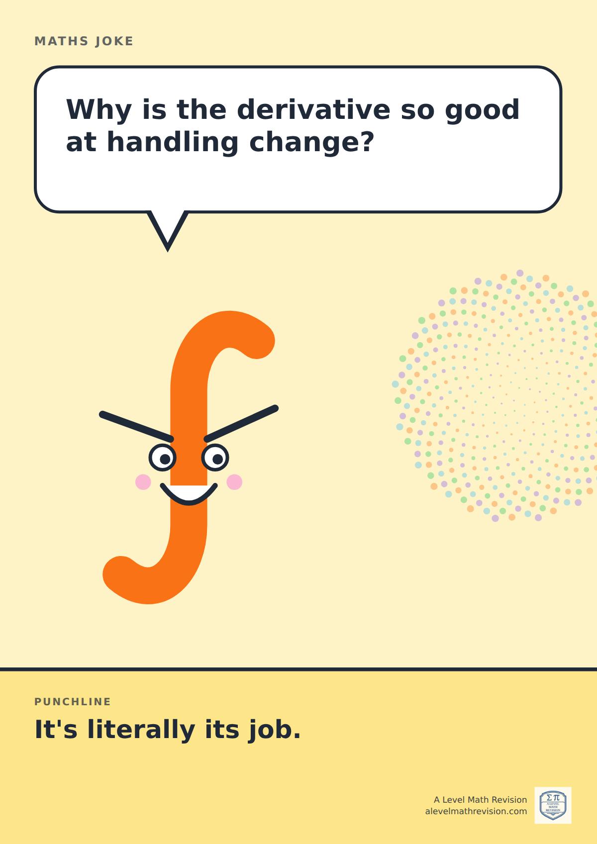 Cartoon maths joke poster. A smiling integral sign asks: "Why is the derivative so good at handling change?" Punchline: "It's literally its job."